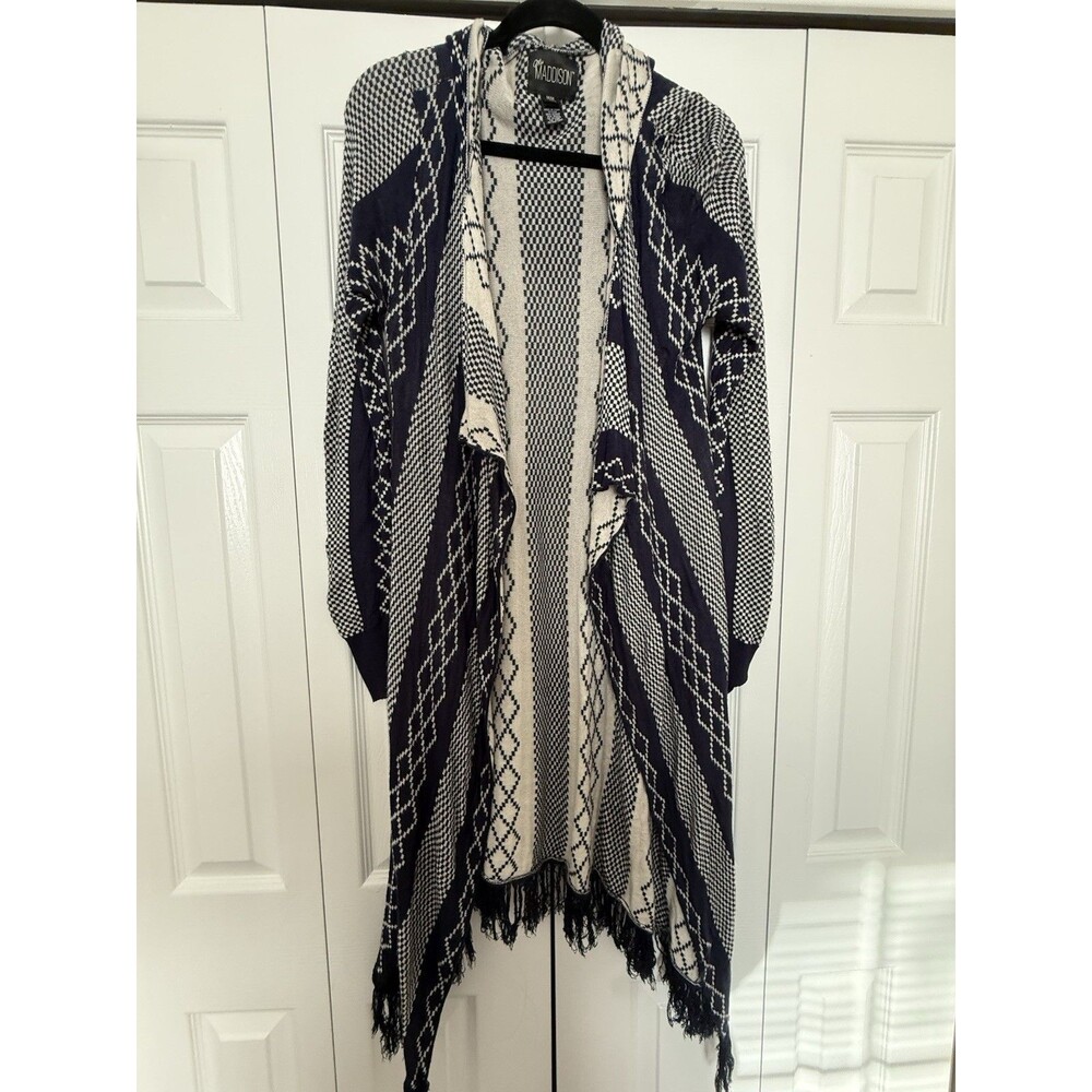 Mia Maddison Hooded Duster Cardigan Sweater Fringe Geometric Aztec Knit Size M